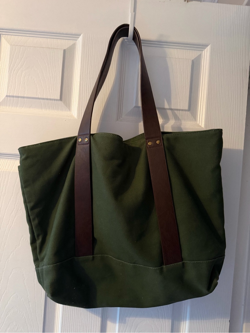 Hearth and Hand Green Canvas Tote Bag with Brown faux leather Straps